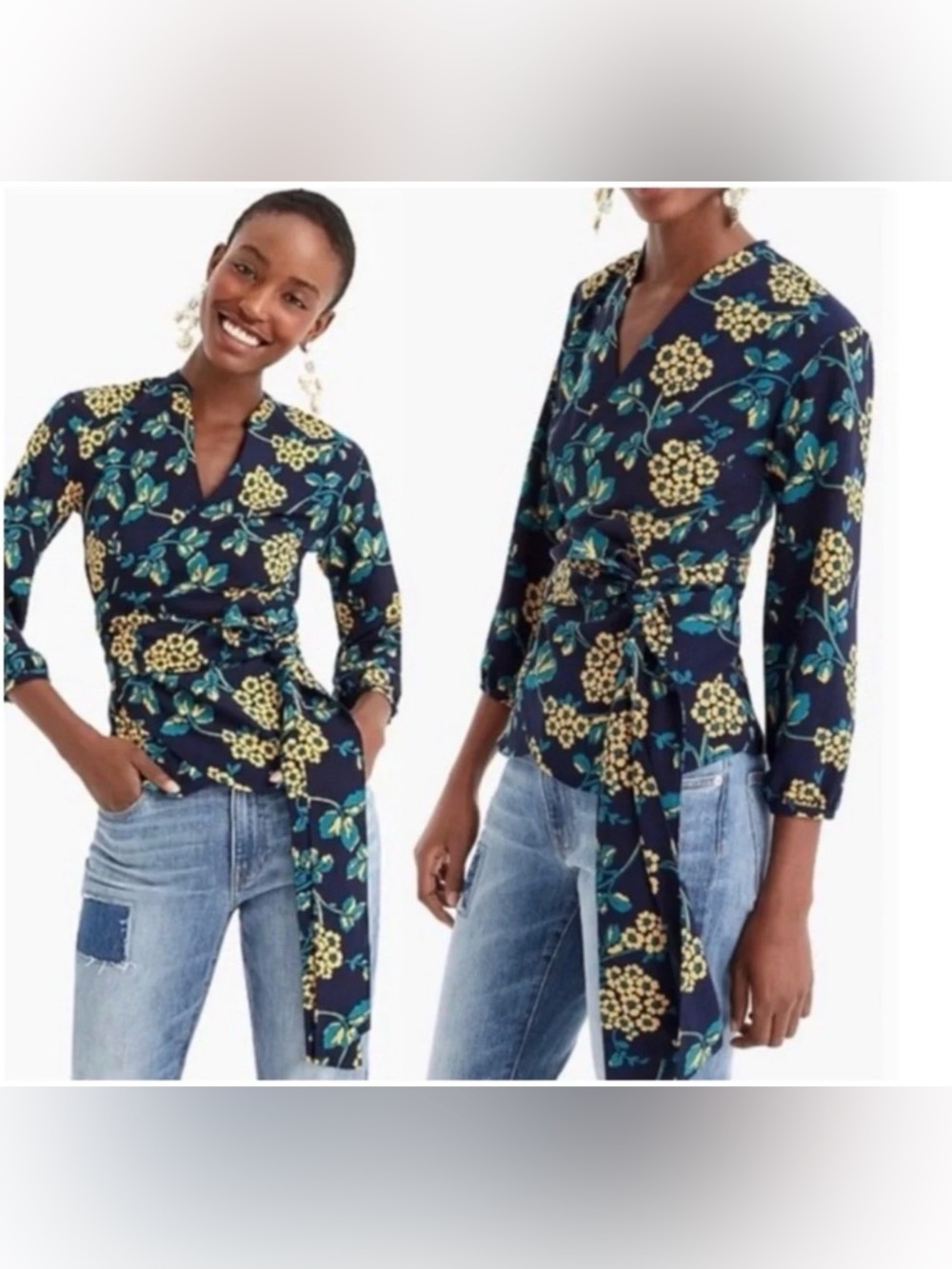 J. Crew Drapey Crepe Floral Wrap Top in Navy & Gold Size Medium